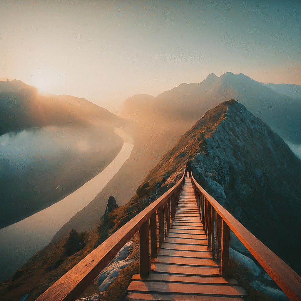 Travelers peacefully walk on a wooden bridge ascending a mountain, admiring a vast misty landscape with a river at sunrise.