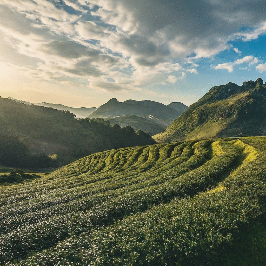 Travelers peacefully exploring lush mountains, visiting a vibrant tea plantation, and interacting with welcoming hill tribe villagers in northern Thailand.