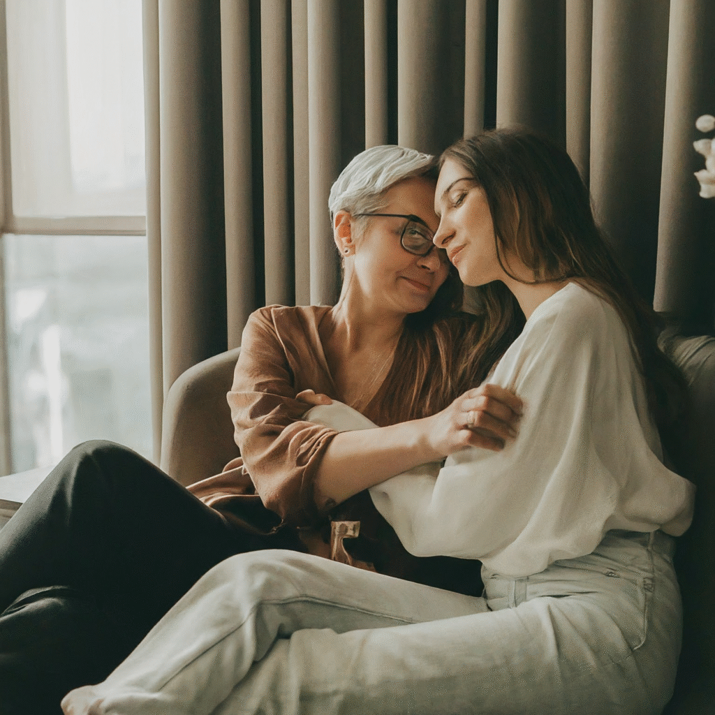 A mother and her adult child relaxing comfortably in a spacious, well-appointed hotel room, enjoying their restful trip.