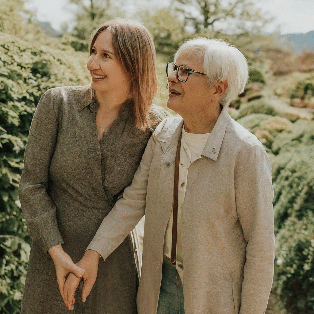 A supportive adult child and their senior mother leisurely exploring a beautiful garden, sharing smiles and quiet conversation during a travel adventure.