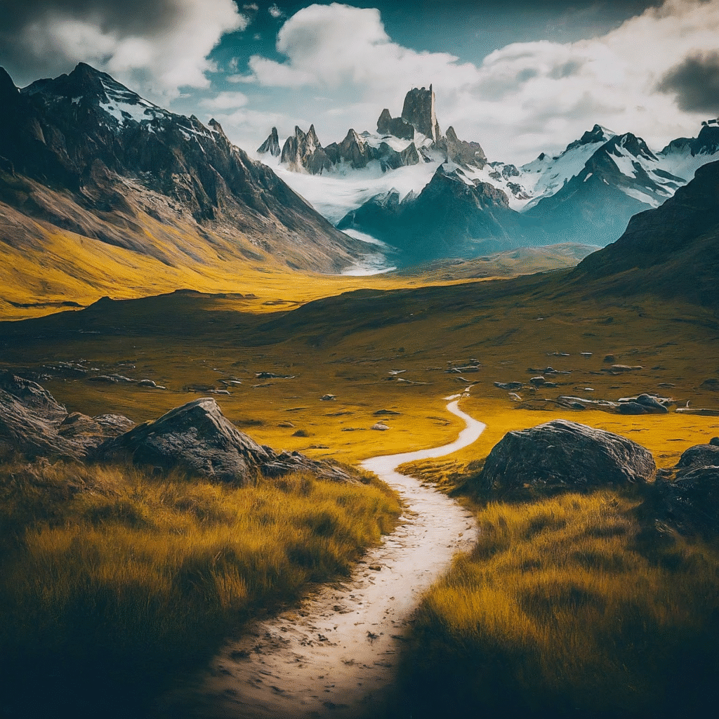 A beautiful landscape captured from three distinct viewpoints: a low angle highlighting the grandeur of a mountain, a high angle showing a sprawling valley, and an eye-level view of a peaceful pathway, illustrating the impact of perspective.