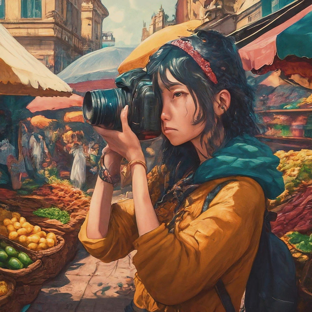 A person with a camera capturing the vibrant details of a bustling local market, with colorful street art, unique craft items, and delicious food stalls in the background. The scene highlights the richness of cultural exploration through close observation.