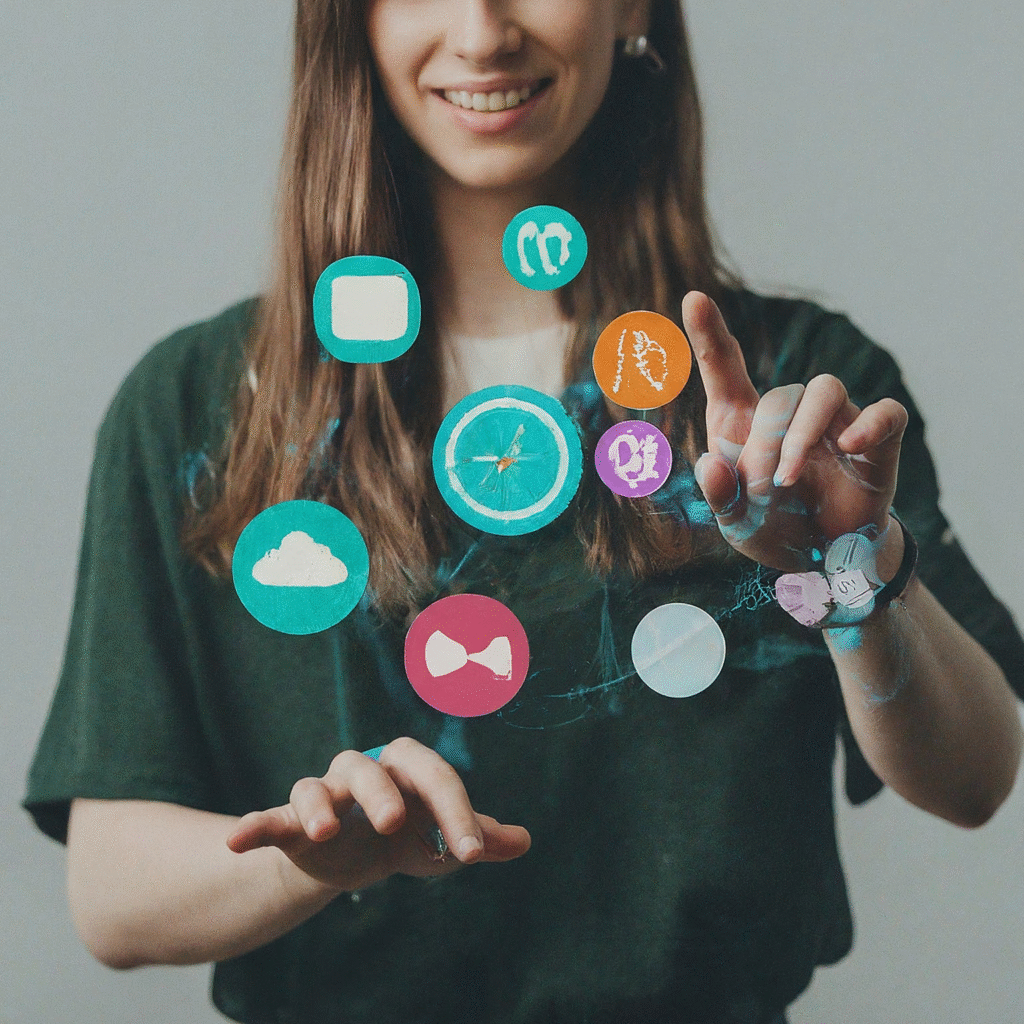 A user smiling while easily arranging and connecting various colorful application icons on a clean, modern digital dashboard. Lines flow between the icons, illustrating effortless automated workflows and broad connectivity, emphasizing simplicity and efficiency.
