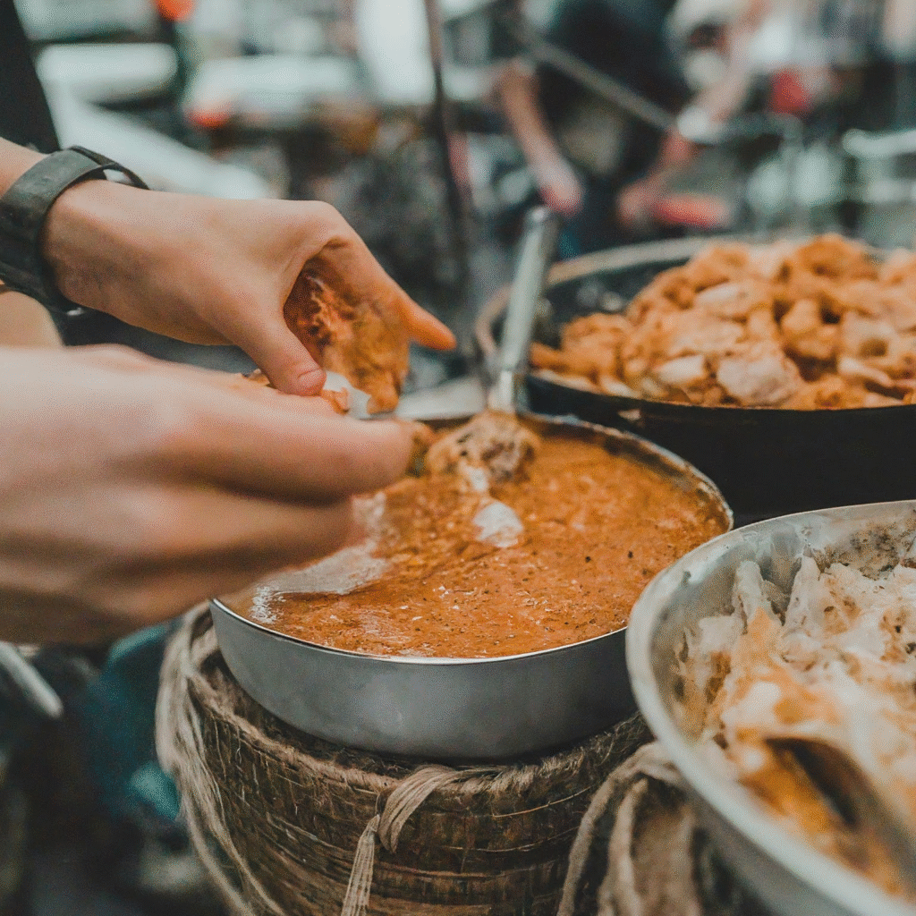 Responsible travelers enjoy local cuisine, carrying reusable containers, and engaging authentically with street vendors in a vibrant market.