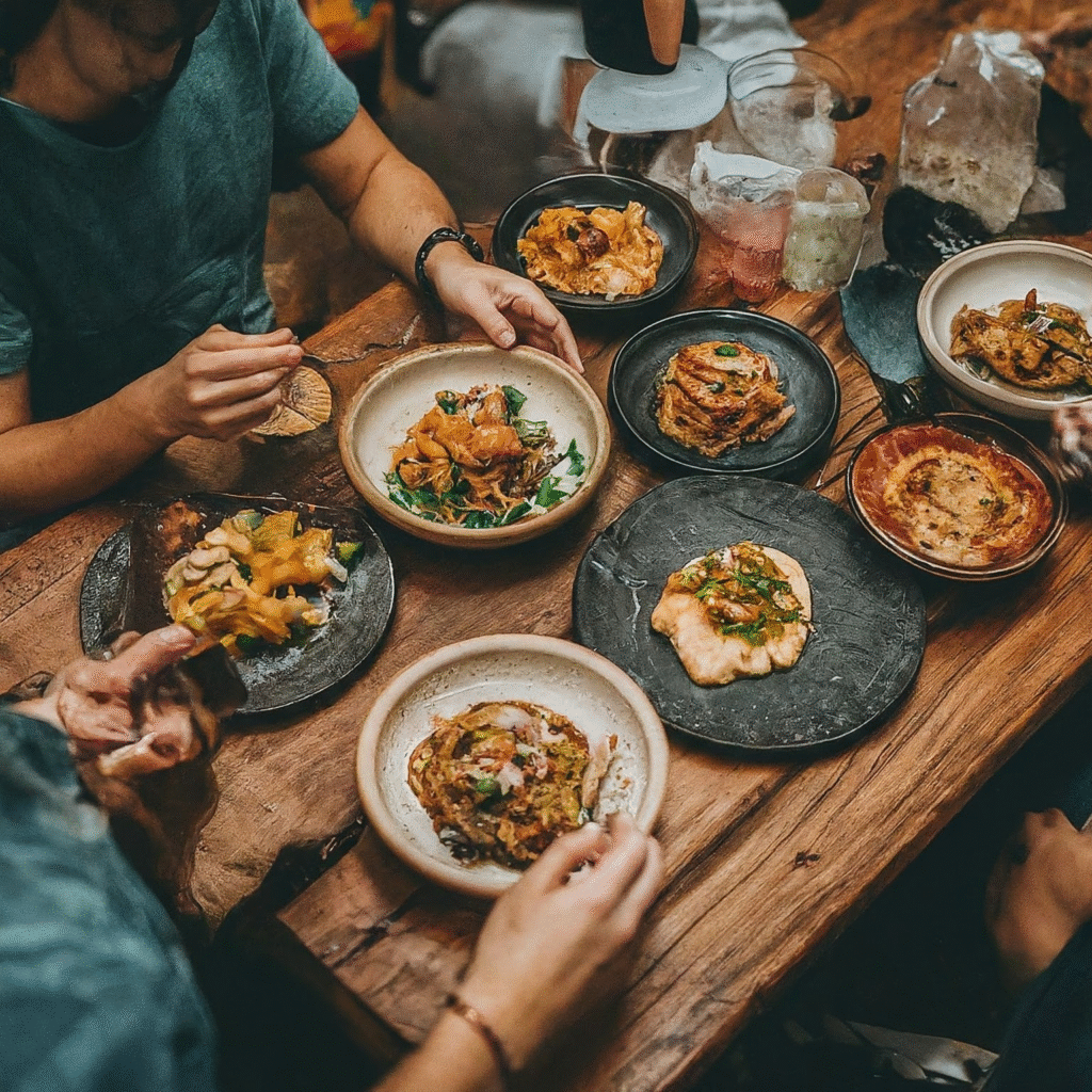 Locals and tourists sharing plates of delicious local food, laughing and talking in a busy, authentic alley restaurant.