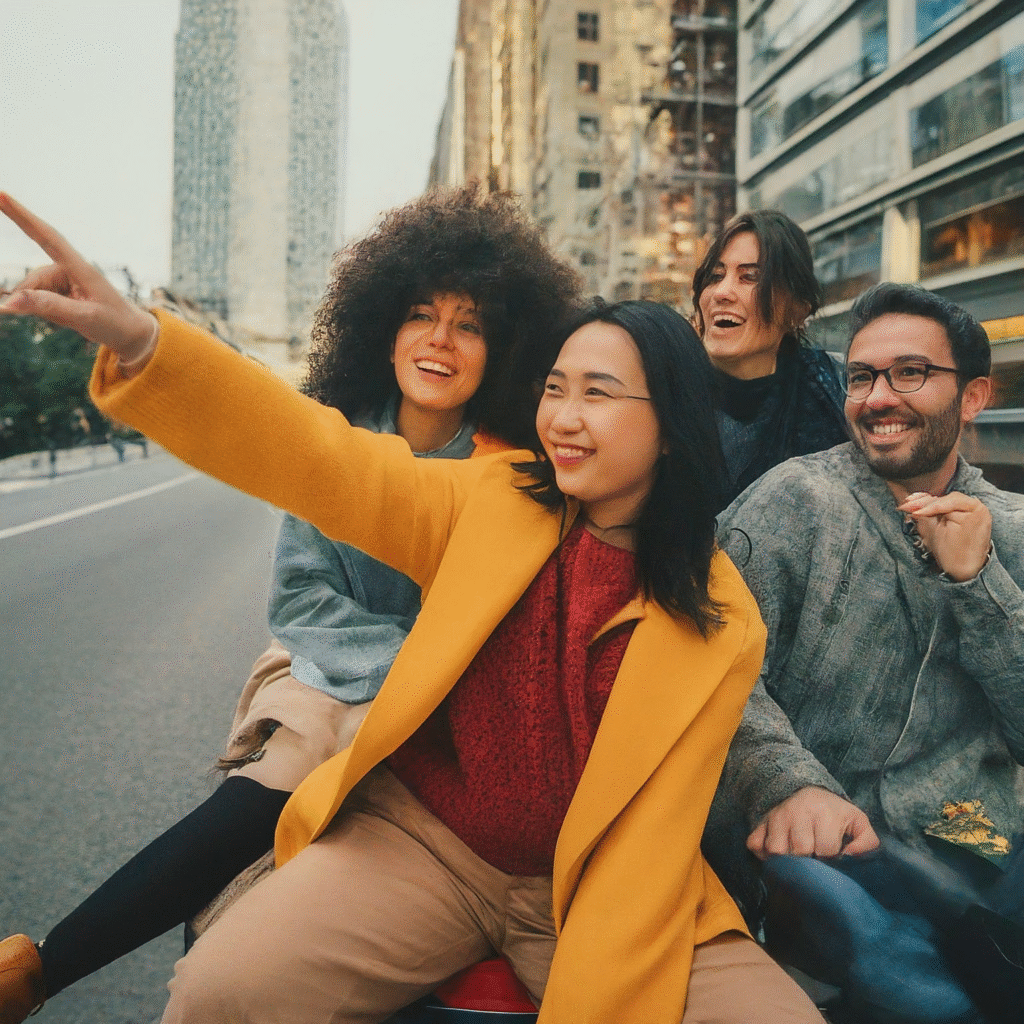 A diverse group of friends with smiling faces sharing a ride, conversing and pointing, on a vibrant urban street on a bright, cheerful day.