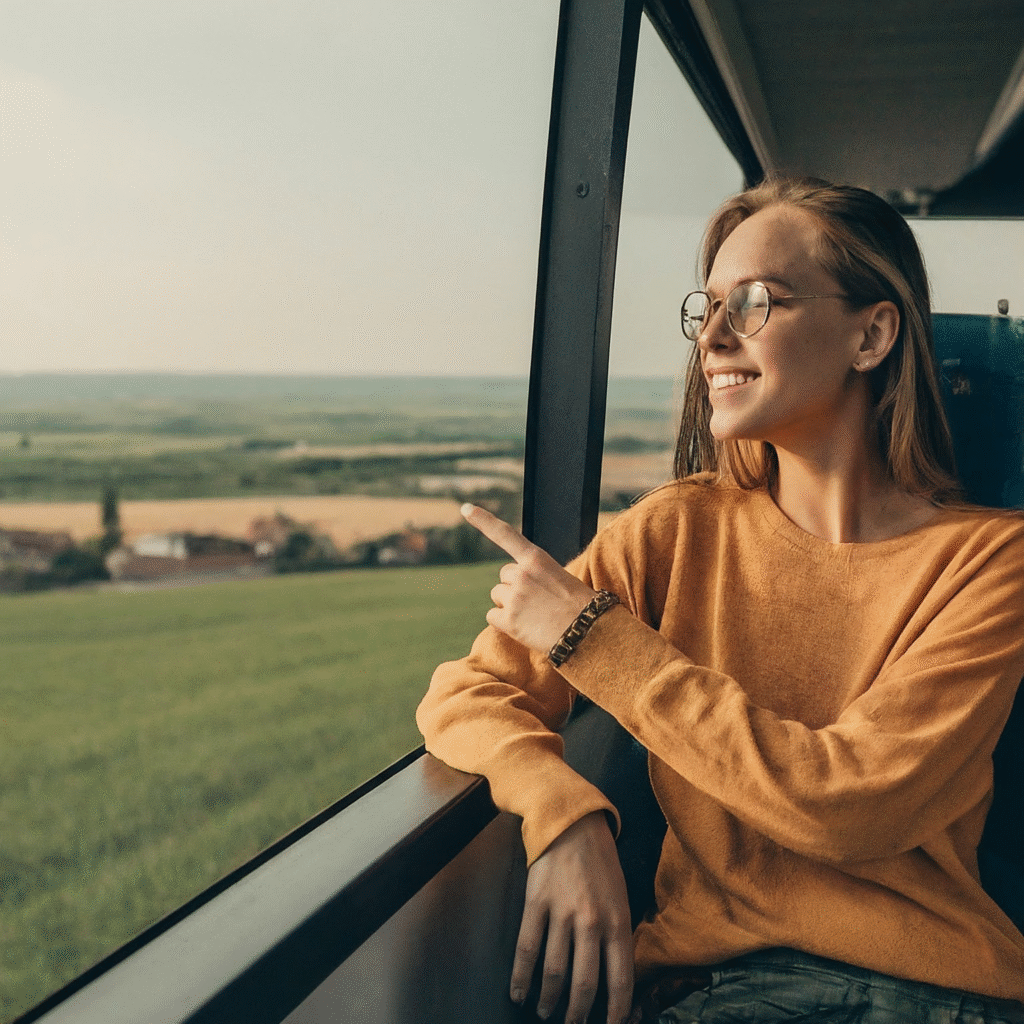 Travelers sitting comfortably on a bus, smiling and pointing at a picturesque rural town outside the window.