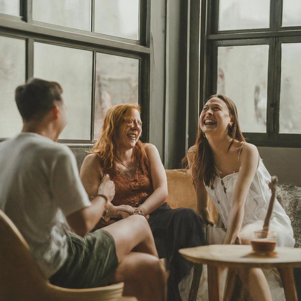 Friends are laughing and sharing stories in a welcoming common area of a budget-friendly hostel in Thailand.
