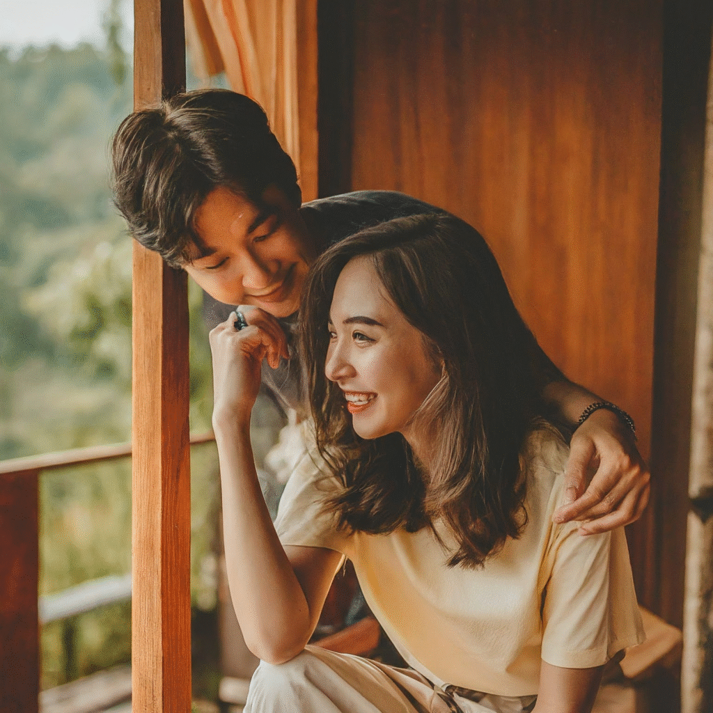 Travelers smiling and relaxing, interacting warmly in diverse budget-friendly accommodations spread across various regions of Thailand.